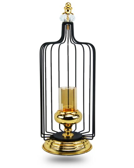 Elegant Black and Golden Colored Candle Stand with Crystal - Metal Made with Glass Pot