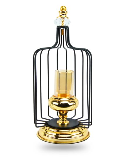 Elegant Black and Golden Colored Candle Stand with Crystal - Metal Made with Glass Pot