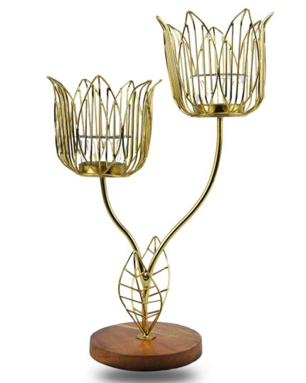 Lotus Shaped Beautiful Candle Stand Golden Colored Made Of Metal with Wooden Base.